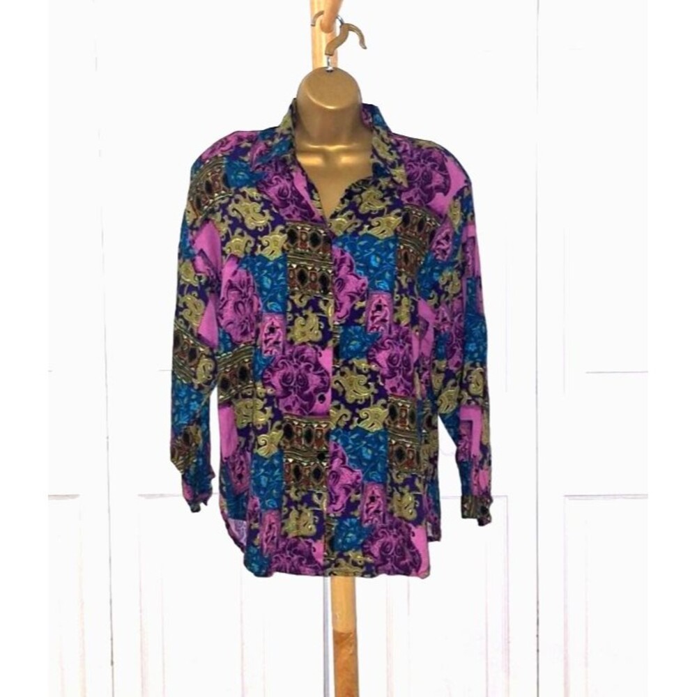 Jeri Marque Dark Floral Button Up Blouse Women's XL Multicolor Office Career USA